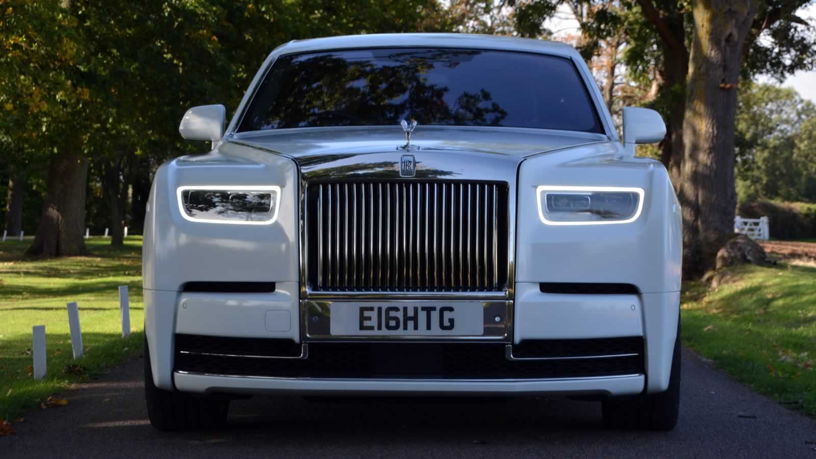 Rolls Royce Phantom 8 front view with chrome grille and Spirit of Ecstasy