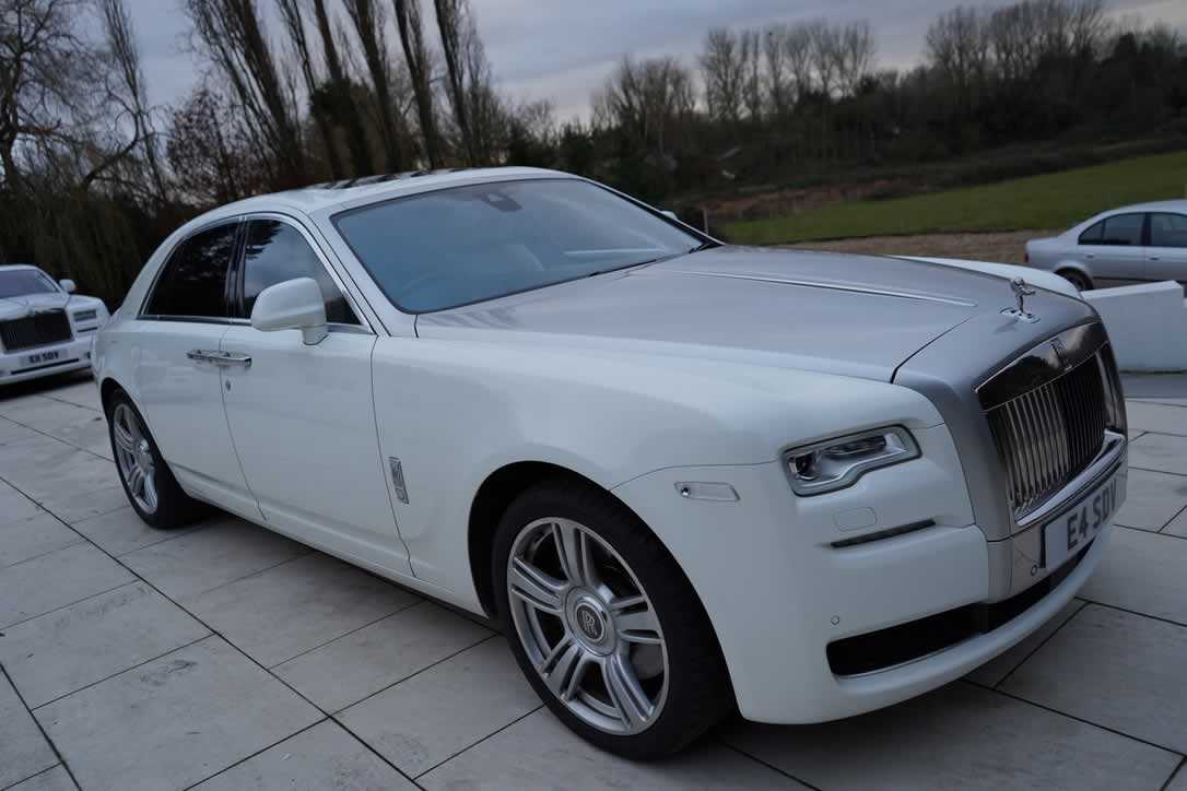 White Rolls-Royce Ghost II 3/4 with satin bonnet