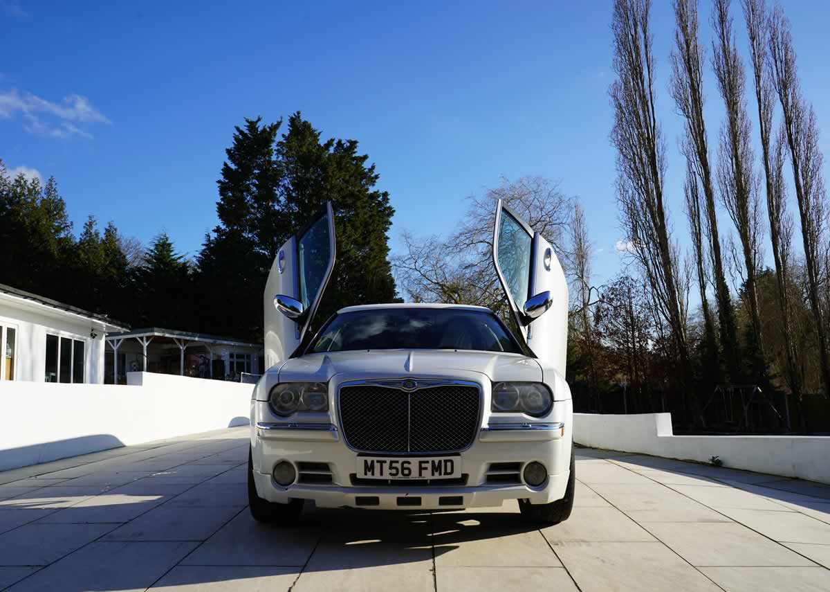 Chrysler stretch limo front with gullwing doors opened up